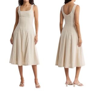 Caroline Constas Linen Lined Midi Dress Cream Sleeveless Fit & Flare size 6